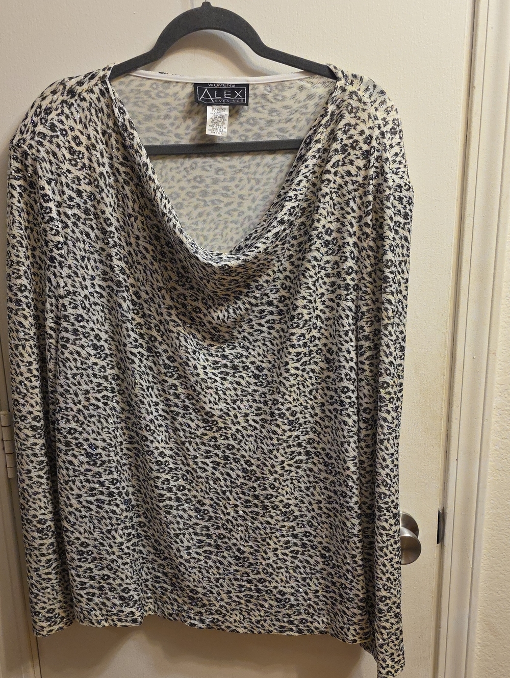 Alex Evenings Cream and Black Cowl Neck Leopard Print Sweater With Sparkles